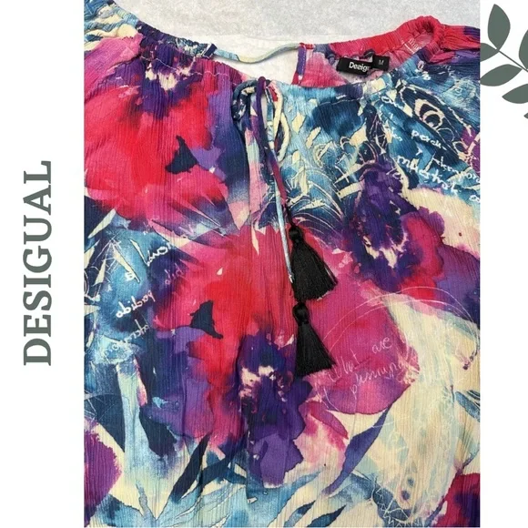 Desigual Zazil Blouse Pink Blue Oversize Floral Top Balloon Sleeve Tassel Medium - Picture 5 of 9